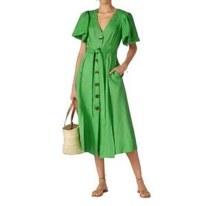 NICHOLAS Sz 10 Troy Green Linen Midi Dress